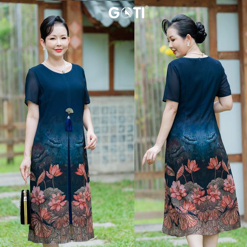 Product Introduction of GOTI Thời Trang Trung Niên Cao Cấp Đầm Suông Voan Xẻ Tà In Hoa Sen Tay Ngắn Quý Phái 3406  Nữ Nhung Dress 26