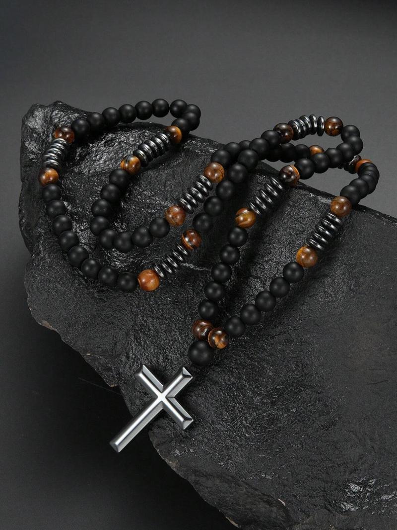 Product Introduction of Retro Tiger Eye Stone Beaded Design Cross Charm Decor Pendant Necklace, Trendy All-match & Exquisite Jewelry for Men As Gift, Girlfriend Gifts 8