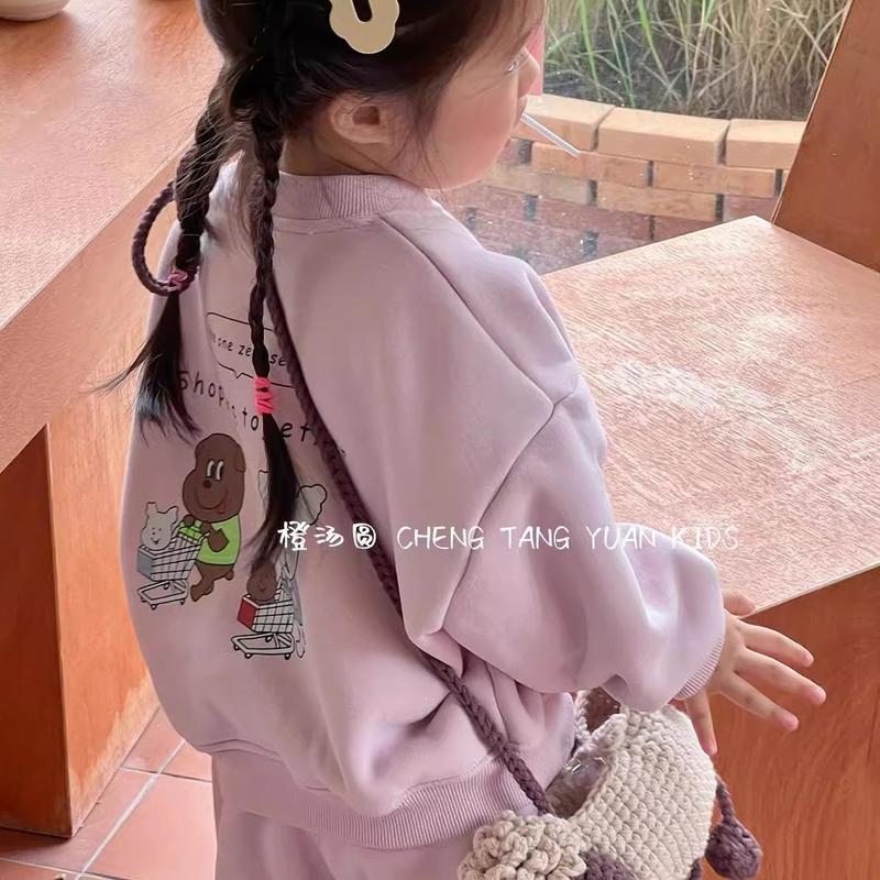 Bộ Đồ Áo Len Thời Trang, Lót Lông Cừu Cho Bé Gái, Quần Áo Mùa Đông Mới 2024, Phong Cách Hoạt Hình Hàn Quốc, Quần Áo Trẻ Em, Bộ Đồ Hai Mảnh Dày Dặn, Cho Bé Gái Heo Len Tăm 1