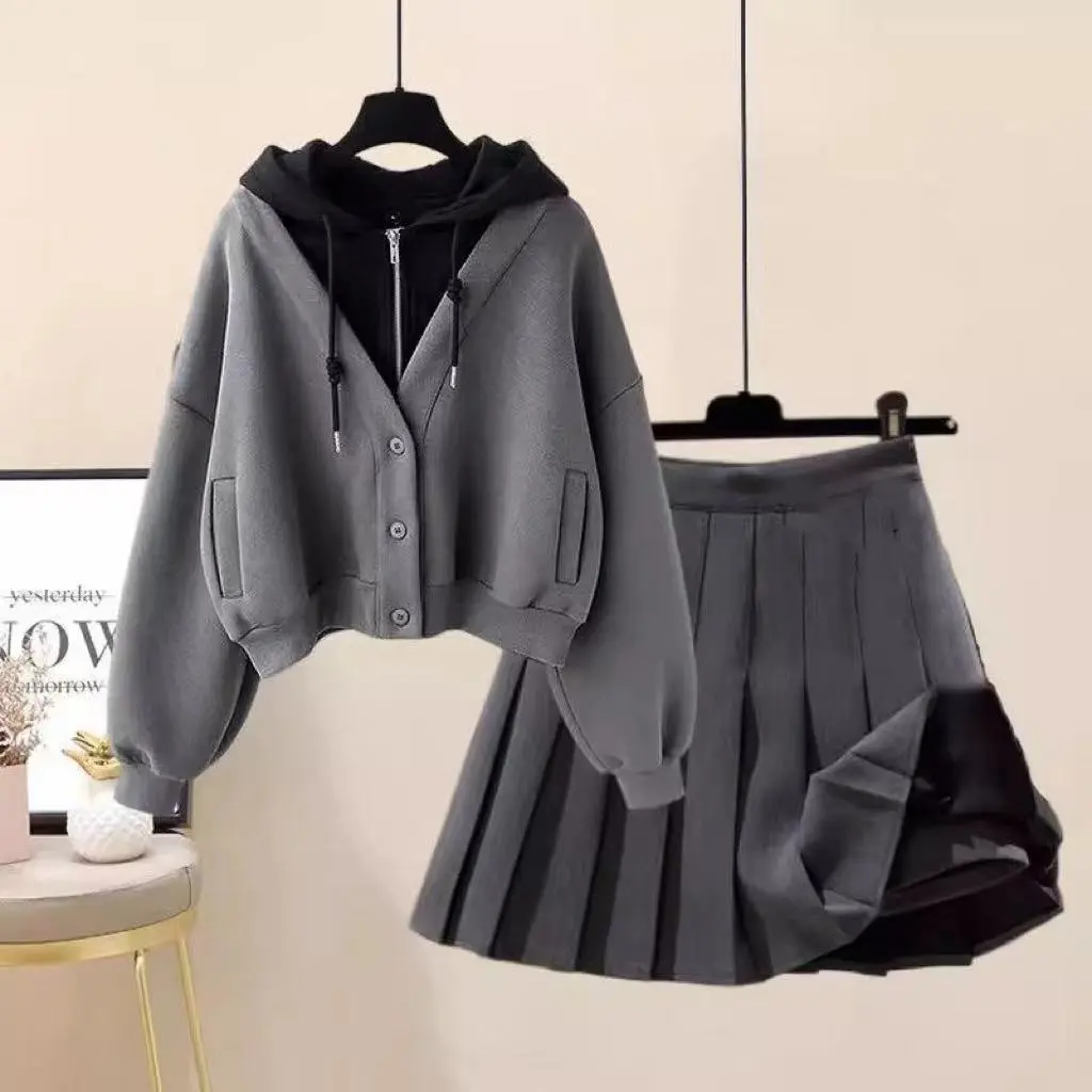 2024 Autumn and Winter Suit Women's Korean-Style Loose Design Fake Two-Piece Hooded Jacket + High Waist Pleated Skirt Two-Piece Set