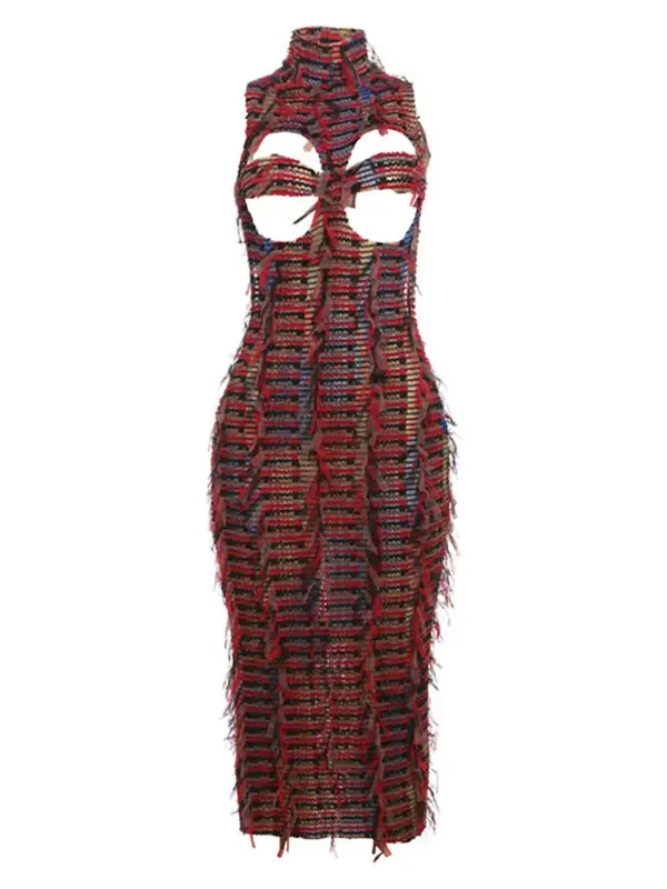 Women's All Over Print Cut Out Backless Sleeveless Contrast Mesh Tank Dress, Elegant Fashion Casual Ripped Mock Neck Bodycon Long Dress for Party Club Dating Wear, Ladies Dress for Summer 8