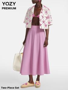 YOZY Women's Starfish Print Button Front Shirt & Solid Color A Line Skirt Set without Inner Top,  Ladies Clothes for Beach Vacation