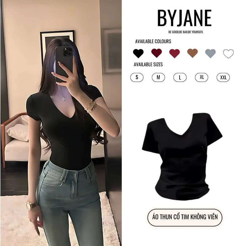 (DEAL MỞ BÁN) Áo thun cổ tim không viền may BYJANE 2 lớp vải -200 0