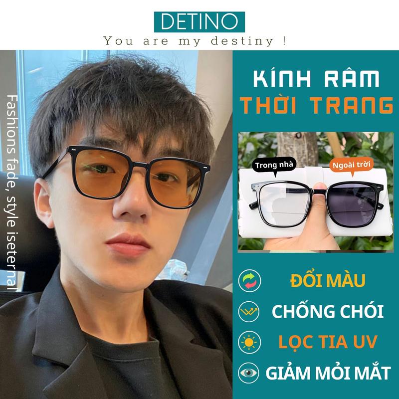 Kính mát nam nữ đổi màu thời trang chống tia UV, mắt kính râm màu đen trà chống nắng gọng vuông tròn, tặng hộp đựng và khăn lau DETINO K18