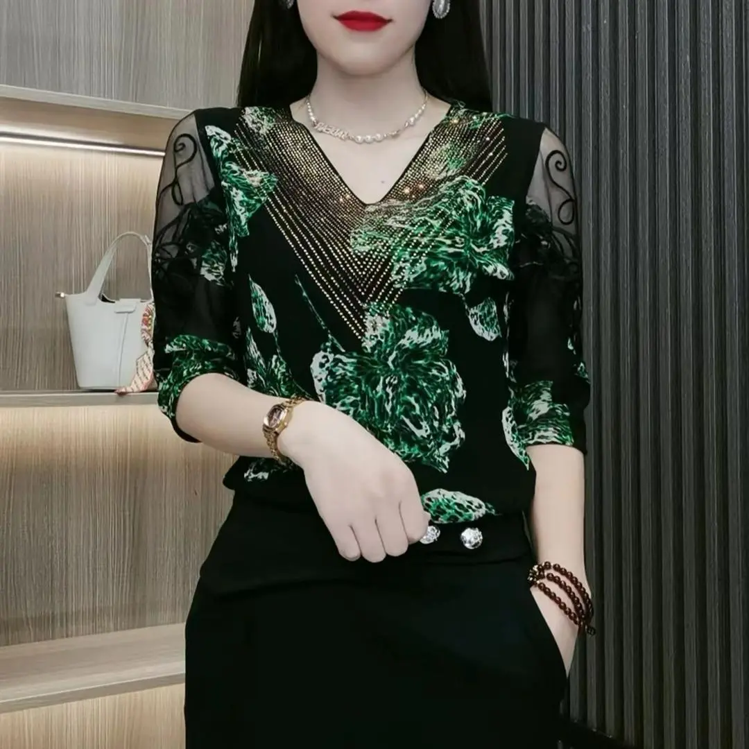 Áo Cánh Cho Nữ, Thời Trang Thường Ngày Thích Hợp Cho Phụ Nữ Trung Người Già Và Cao Tuổi, Áo Lót Cổ Chữ V, Ngoại Cỡ, Áo Phông Ren Dáng Rộng Vừa Vặn, Áo Tay Lửng Áo, Phong Cách 2024