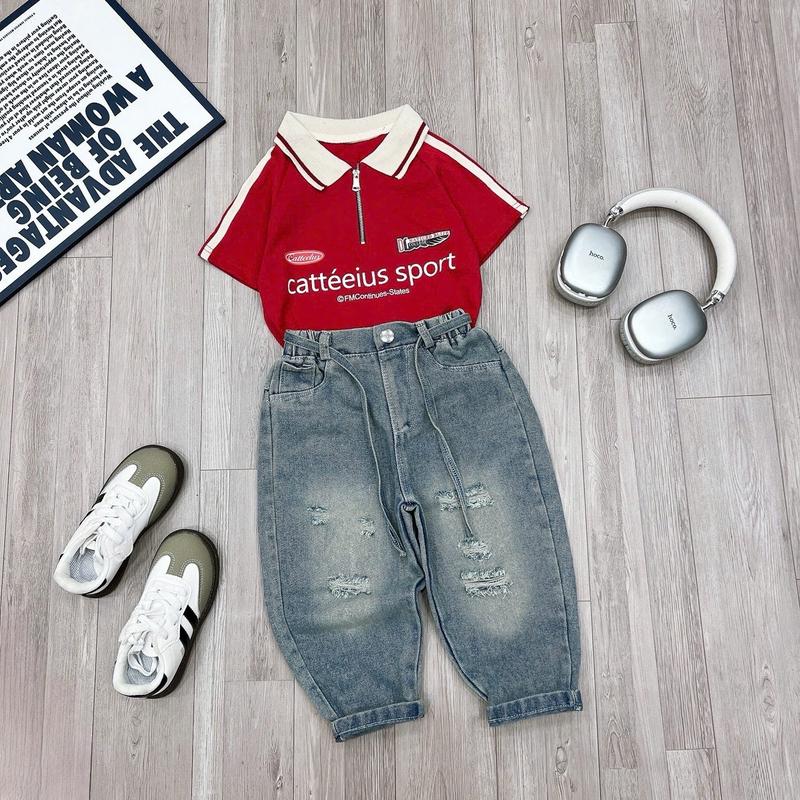 Bộ áo cổ bẻ khoá kéo kèm quần jane baggy Ong Kis cho bé gái 10-30kg