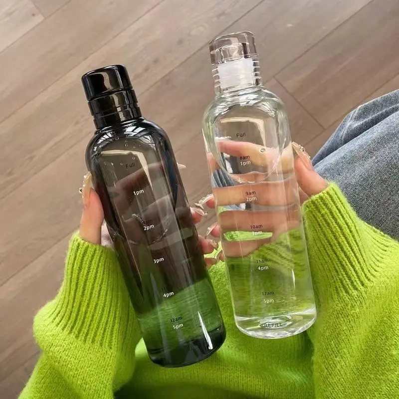 Tumbler Botol minum anti bocor / botol transparan / Tumbler olahraga / botol portable dengan panduan jam Air tupperware cute Cangkir Minuman Plastik Bottles Kitchenware Silicon Water 7