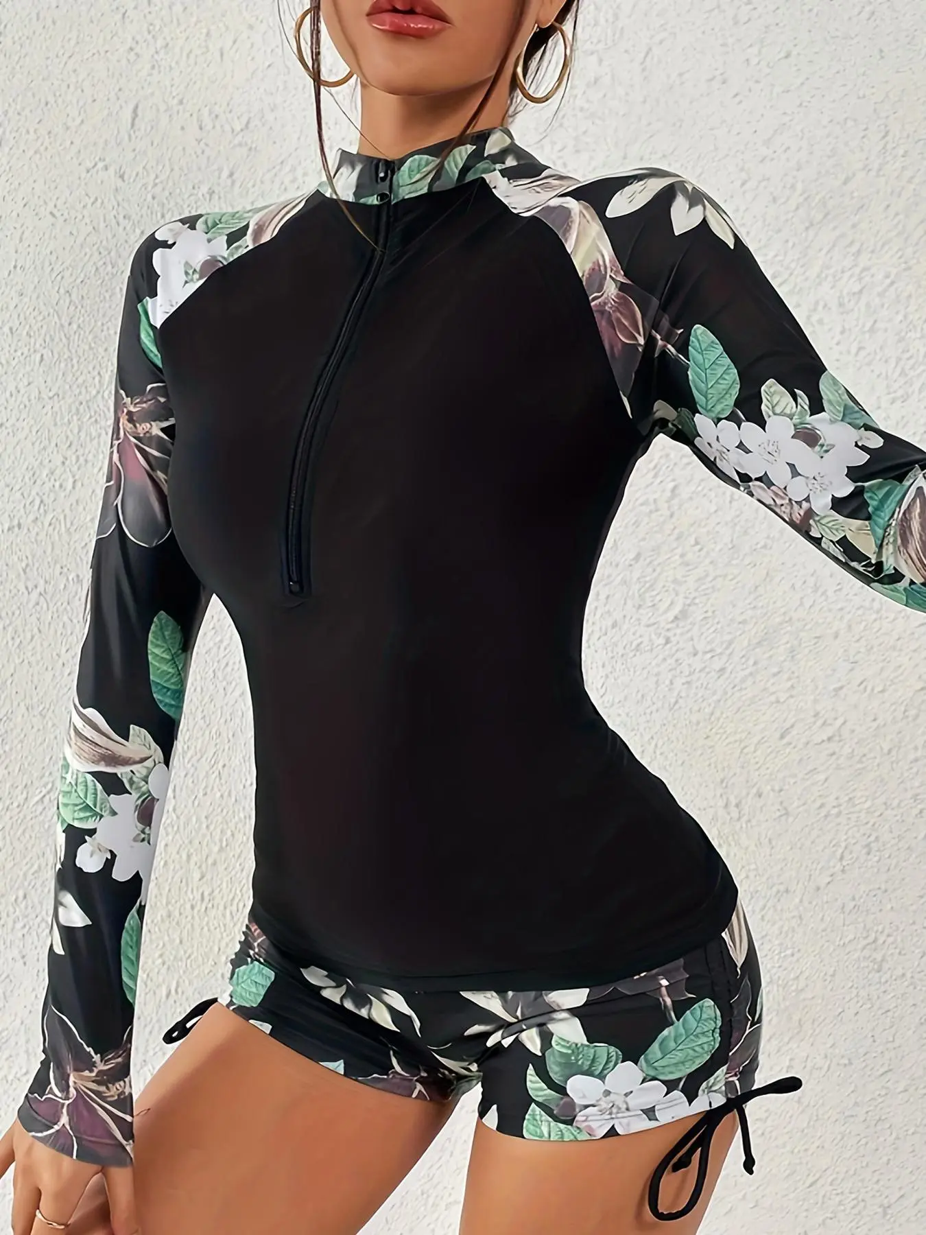 Women's Plants Print Zipper Racing Swimwear Set, Casual Long Sleeve Top & Tie Side Shorts For Beach Swimming, Activewear, Lady Two-piece Swimsuit Gym Outfits