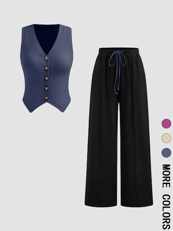 Women's Solid Color V Neck Button Front Tank Top & Tie Front Straight Leg Pants Two-piece Set, Casual Fashion Cozy Two Piece Outfits for Daily Outdoor Wear, Ladies Clothes for All Seasons 0