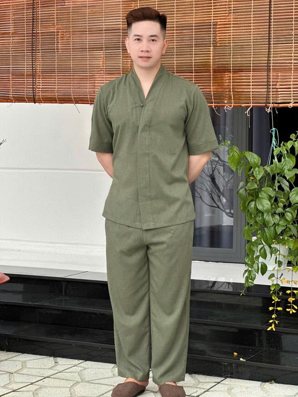Đồ lam đi chùa Mẫu 1 Nut vải linen bà lai nam dành cho nam Áo Menswear Quần Âu