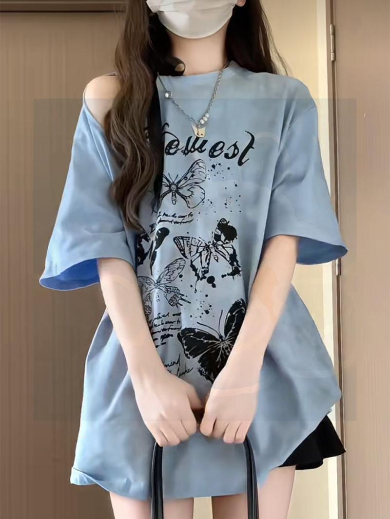 Product Introduction of [Bow Bandage Design] Preppy Style T-shirt Retro off-Shoulder Loose Short Sleeve Top Summer New Printing 9
