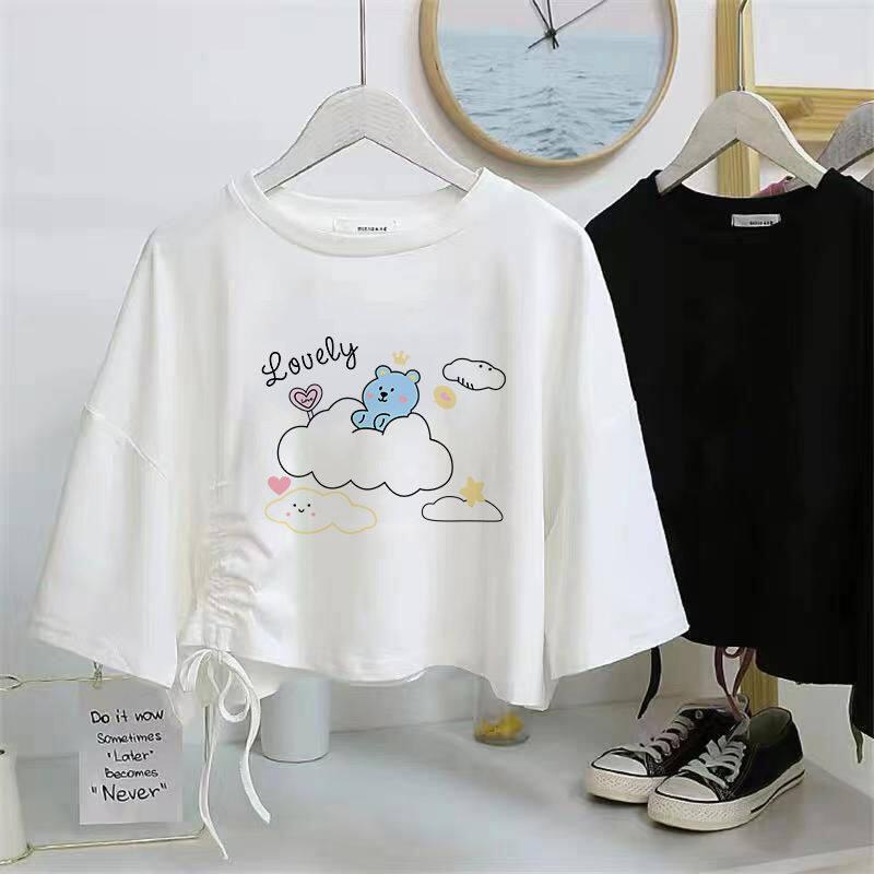 Product Introduction of Áo Thun Dây Rút ngắn tay, dành cho nữ, Cạp Cao, Cropped Xén, Dáng Rộng Vừa Vặn, Áo Crop Top 15
