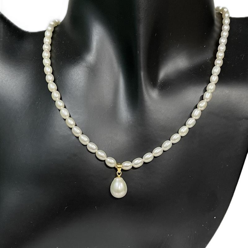  Vòng cổ ngọc trai 5ly dáng hạt gạo loại đẹp  phối mặt giọt nước 9ly 