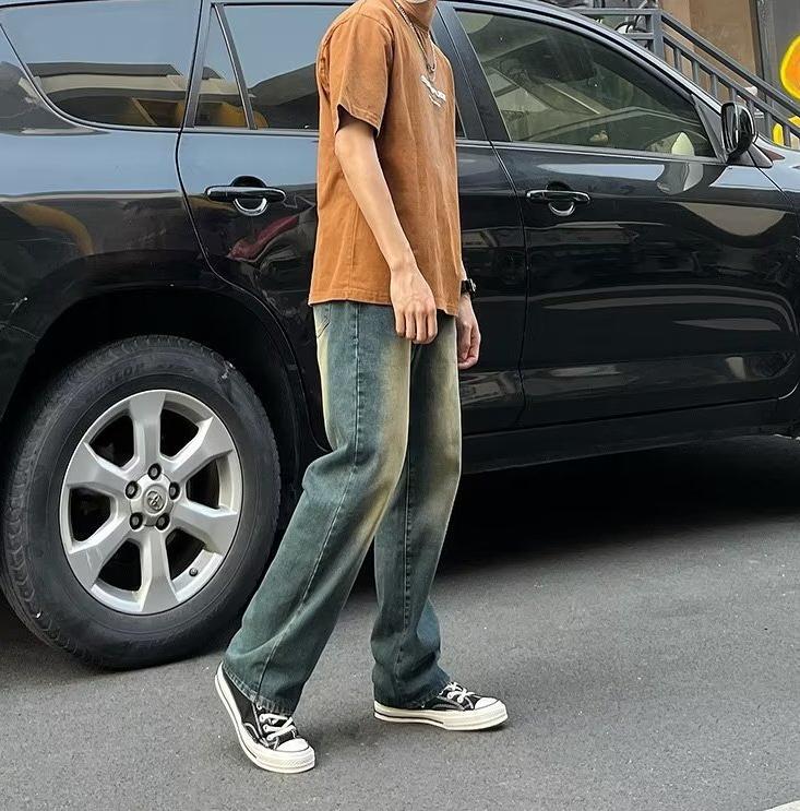 Product Introduction of Live Unbridled Menswear Vintage Jeans Men's Autumn Streetwear Style Loose Straight-Leg Pants Washed Wide-Leg Denim Trousers Lingerie Beige Plain Pocket 12