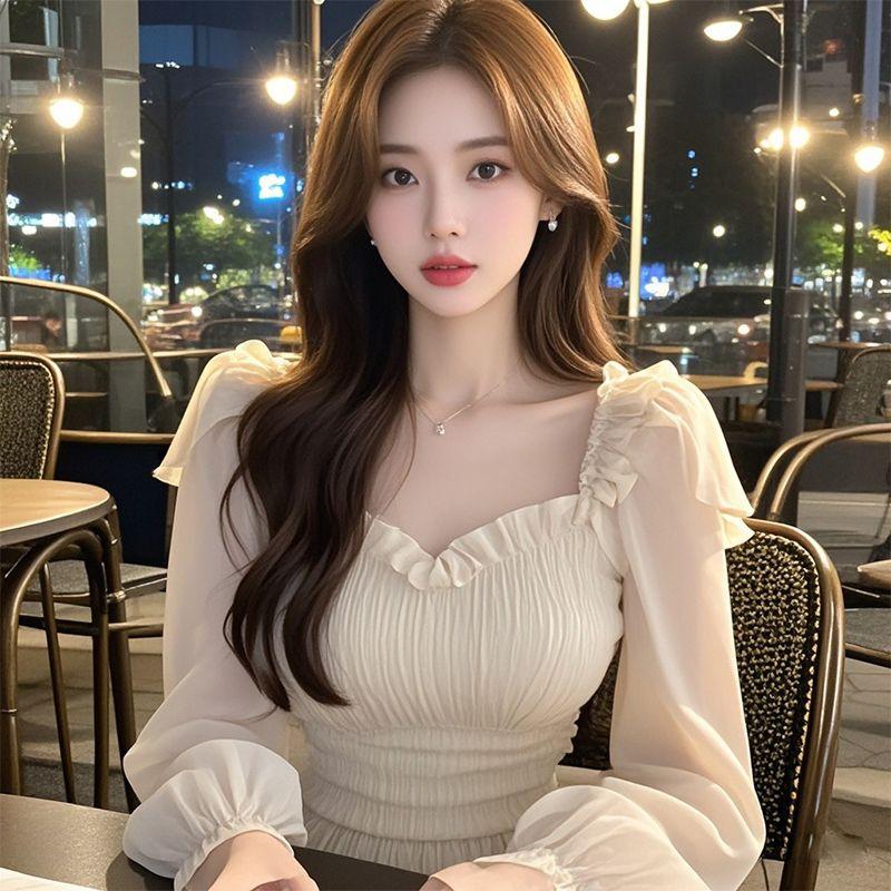 Áo Sơ Mi Dài Tay, Phong Cách Dễ Thương Và Gợi Cảm, Màu Mơ, Cổ Vuông, Xếp Nhún Tay Áo, Dành Cho Nữ, Hàng Mới Về Đầu Mùa Thu, Cỡ Nhỏ Mỏng, Hiệu Ứng Bó Sát Áo Ngắn 2