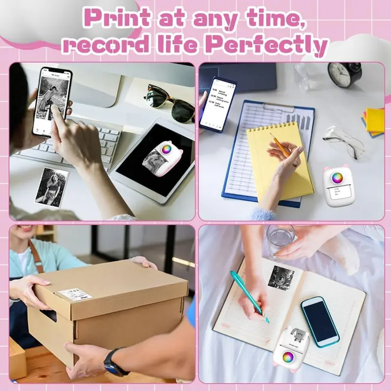 Portable Mini Printer, USB Rechargeable Photo Printer with 3 Rolls Print Paper, for Printing Photos, Notes, Receipts, List, DIY Plans, Memos 3