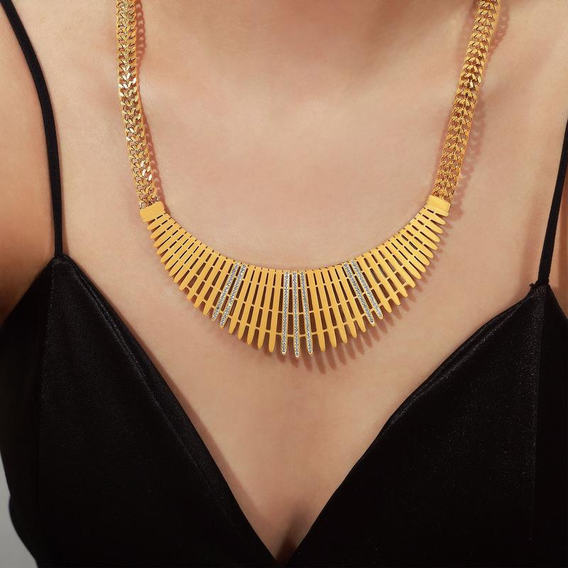 Metal inlaid zircon fence shaped wide necklace, fashionable and ...