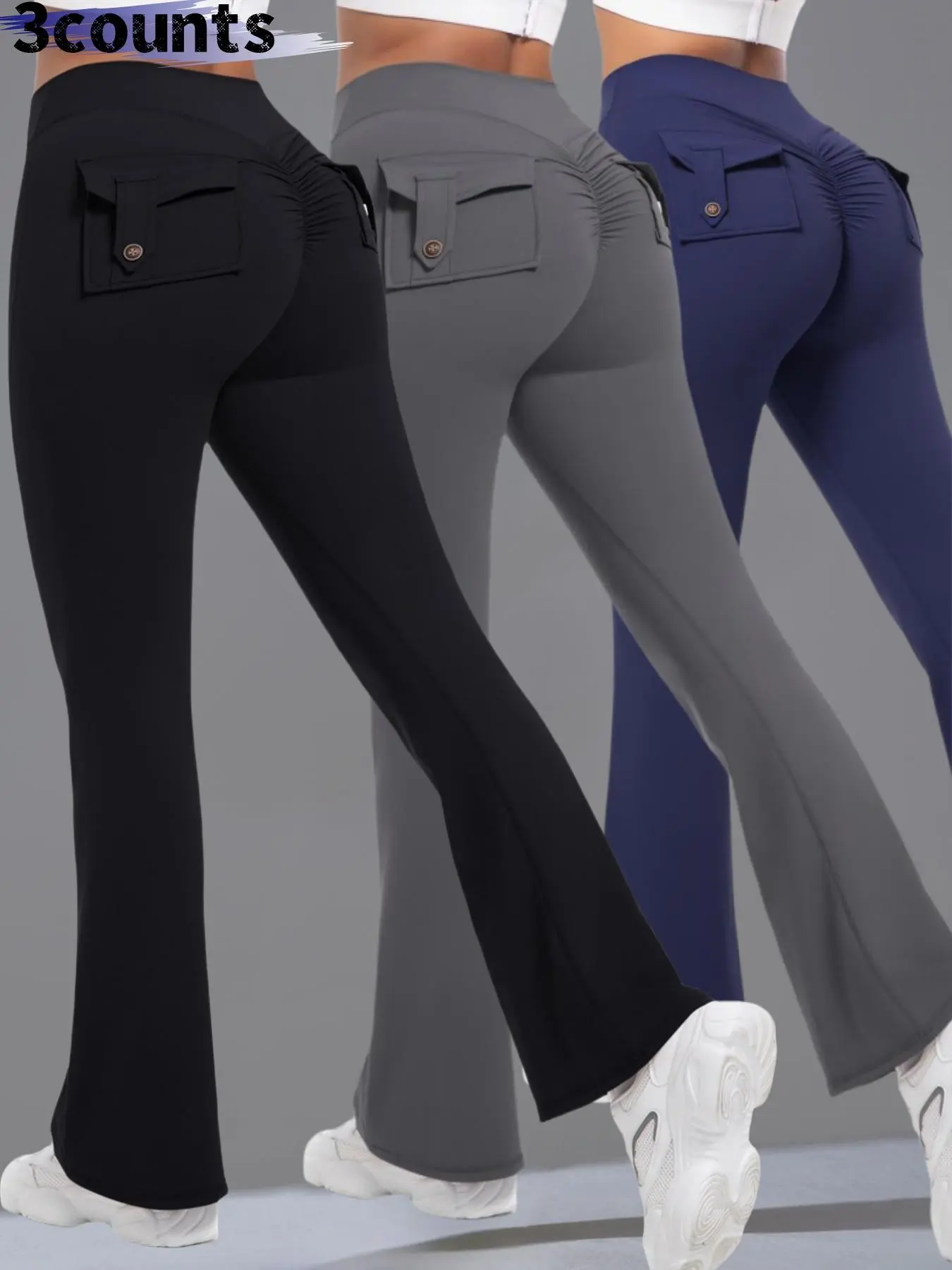 Women's Solid Button Pocket Flare Leg Sports Pants, Casual Comfy High Waist Bell Bottom Trousers for Yoga Gym Workout, Ladies Sportswear for All Seasons