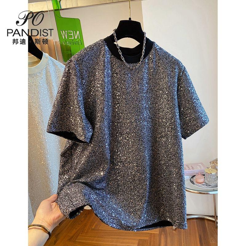 Áo Thun Đính Kim Tuyến, Bondiston Pandist, Dành Cho Nam Giới, Độc Đáo Sang Trọng Cao Cấp, Áo Thun Ngắn Tay, Thời Trang Hàng Đầu Menswear Cổ Tròn 2