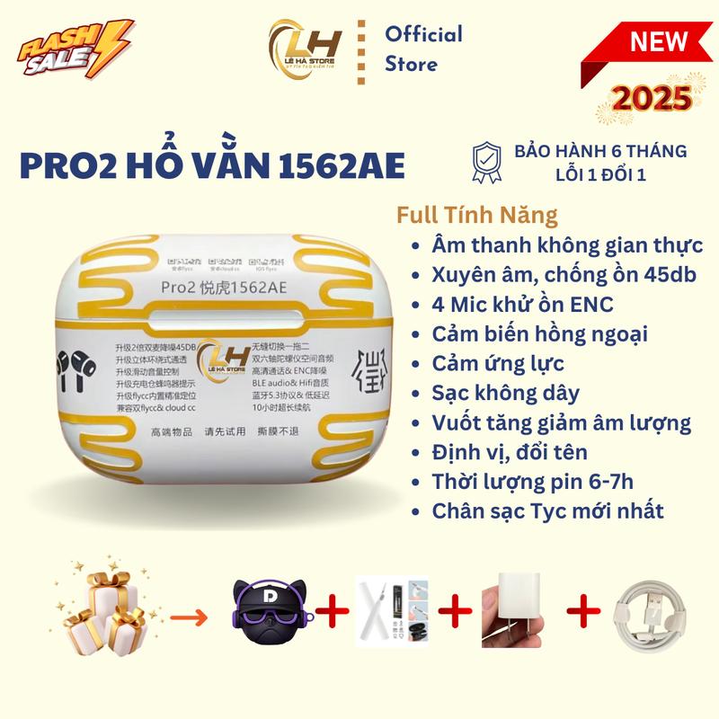 Tai Nghe Bluetooth Pro2 Hổ Vằn 1562AE - Mic ENC, Chống Ồn 45dB, Âm Thanh Không Gian, Bảo Hành 6 Tháng - Kem Earphone