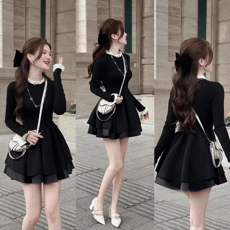 Đầm váy nữ tay dài viền bèo dáng xòe tầng xinh style bánh bèo - Women Dress