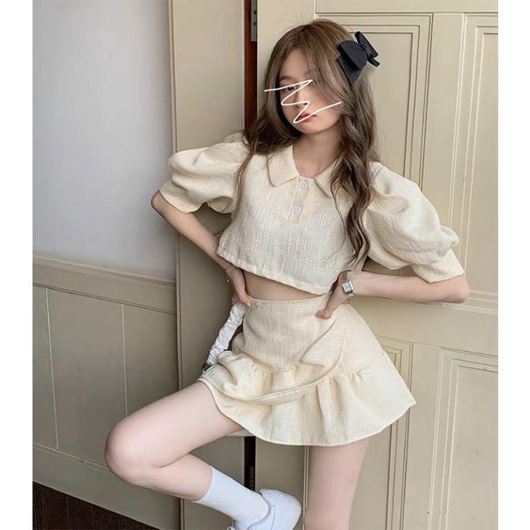 Product Introduction of Set áo croptop chân váy xếp ly cổ sơ mi 🔥chất bố gấm🔥 tay bồng bo chun váy ngắn form xòe bèo xéo kem dự tiệc đám cưới 37
