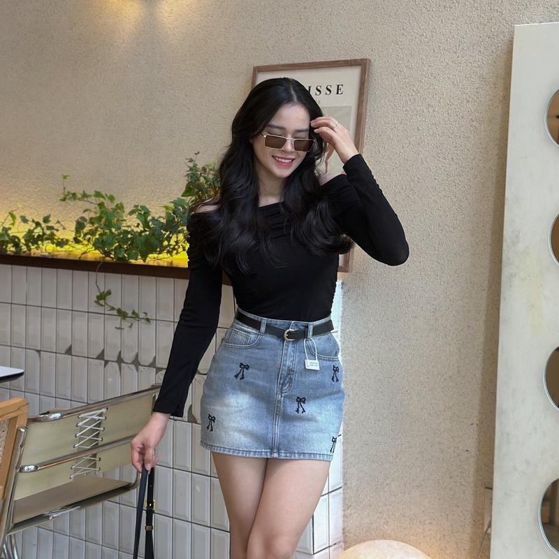 [N603 - Váy] Chân Váy Jean thêu nơ đen có lót quần chất vải QC mềm không co giãn màu bụi dài 37cm 3