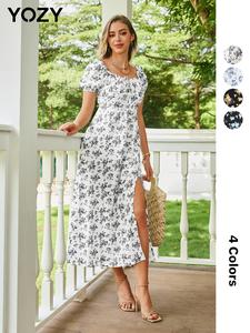 YOZY Ditsy Floral Print Dress/ Boho Romantic Tie Front Square Neck Puff Sleeve Split Thigh A Line Dress, 2024 Women's Daily Beach Vacation Holiday Wear for Spring & Summer