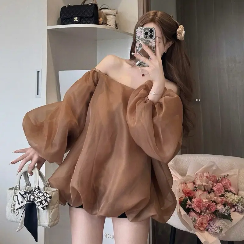 Dilyshop08 Váy babydoll tơ trễ vai tay dài dáng bí màu nâu tây dành cho nữ