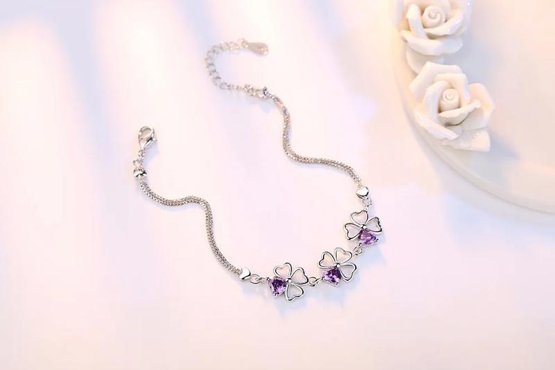 Product Introduction of Lucky Four Leaf Clover 925 Sterling Silver Original Jewelry Purple Crystal Link Chain Charm Bracelet for Women 3