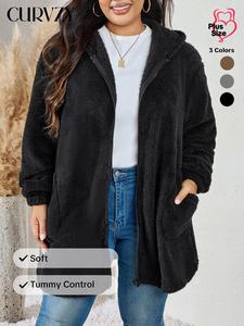 CURVZY Plus Size Solid Color Pocket Zip Up Fuzzy Hooded Coat, Casual Zipper Drop Shoulder Outerwear for Autumn & Winter, Women's Clothes for Daily Wear, Fall & Winter Clothes