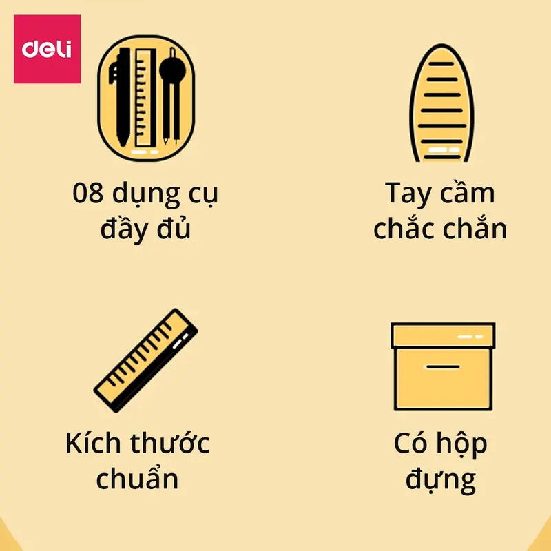 Bộ thước kẻ eke compa 8 món Deli - chuyên dụng cụ học tập cho học sinh eke thước kẻ tẩy chì đồ dung học tập bút chì kim hộp nhựa chắc chắn 5
