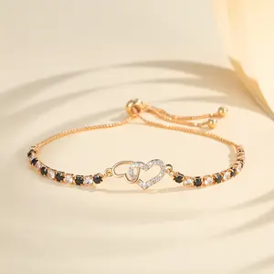 LM845 Gelang Serut Hati Kristal Berlapis Emas Wanita Aksesoris Fashion Korea dari Baja Tahan Karat Yang Dapat Disesuaikan Bracelet