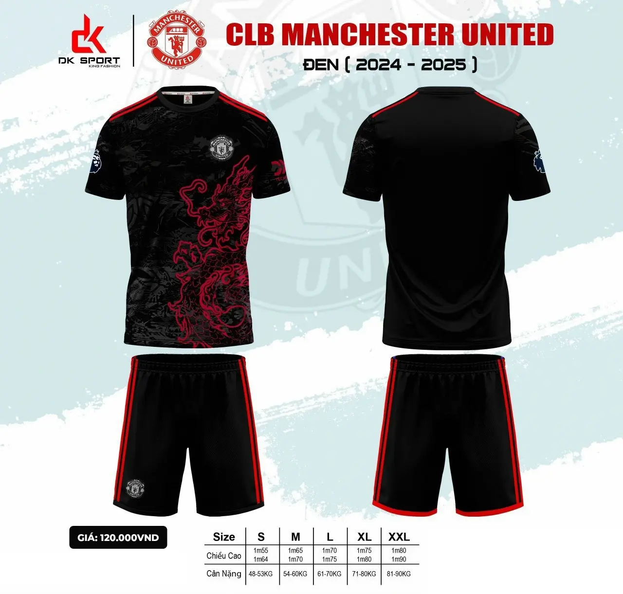 Bộ quần áo bóng đá Manchester United đen rồng Dragon thun lạnh DK - Logo thêu - in tên số theo yêu cầu