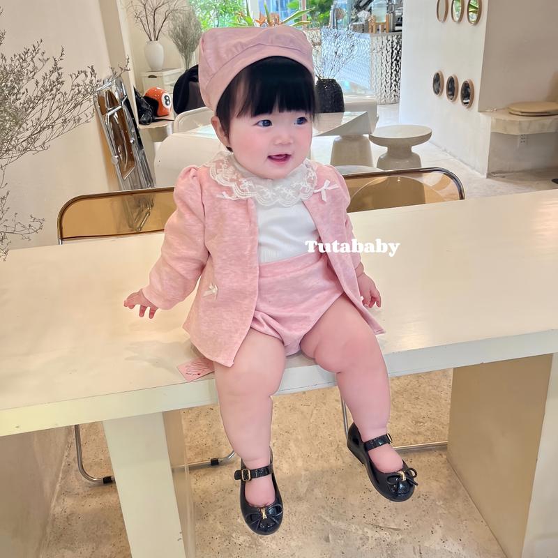 Body Cho Bé Set 4 Chi Tiết Áo Tăm Lạnh Cổ Ren Phối Áo Khoác Và Quần Chất Tăm Lông Thỏ Hồng Kèm Mũ Nồi Xinh Xắn, Body Cho Bé 3-11kg