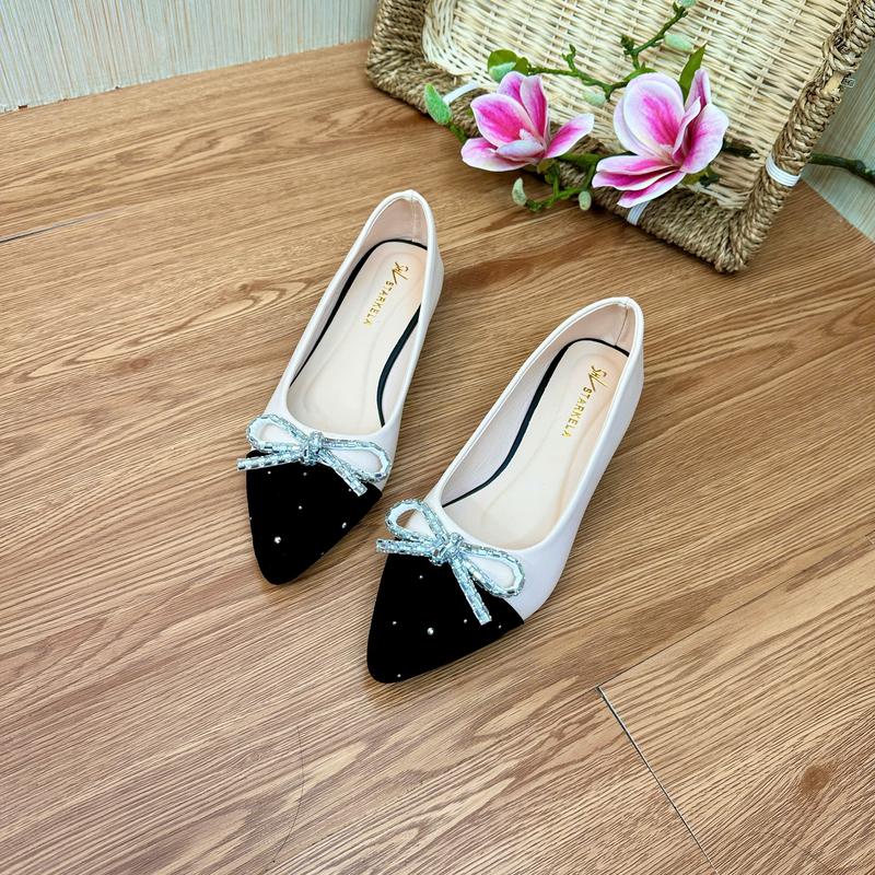 Giày búp bê nữ phối màu nơ đá đa mềm gót cao 2 phân TA69( Form Rộng đặt giảm 1 Size)