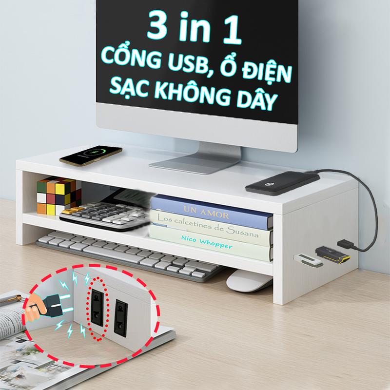  Kệ máy tính gỗ  kê màn hình để bàn giá đỡ laptop nâng pc 1 2 tầng trắng decor bàn học kê vi tính 