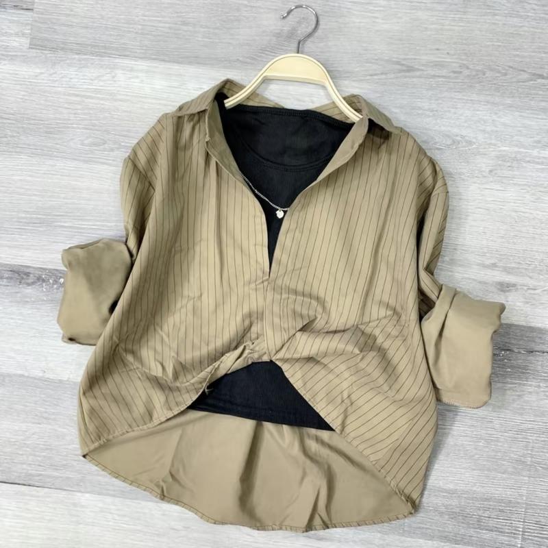 Product Introduction of Áo Sơ Mi Nữ Kẻ Sọc Xoắn Bụng Chất Nhung Mền Mại Phong Cách Hàn Quốc Top Cotton Women Shirt 6
