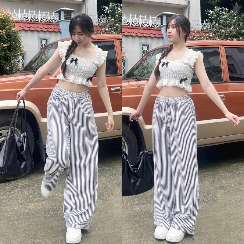 Quần Dài Nữ Kẻ Sọc NHIỀU MÀU phong cách streetwear, Quần ống rộng vải xốp nhăn dành cho nam nữ Molly Fashion 3