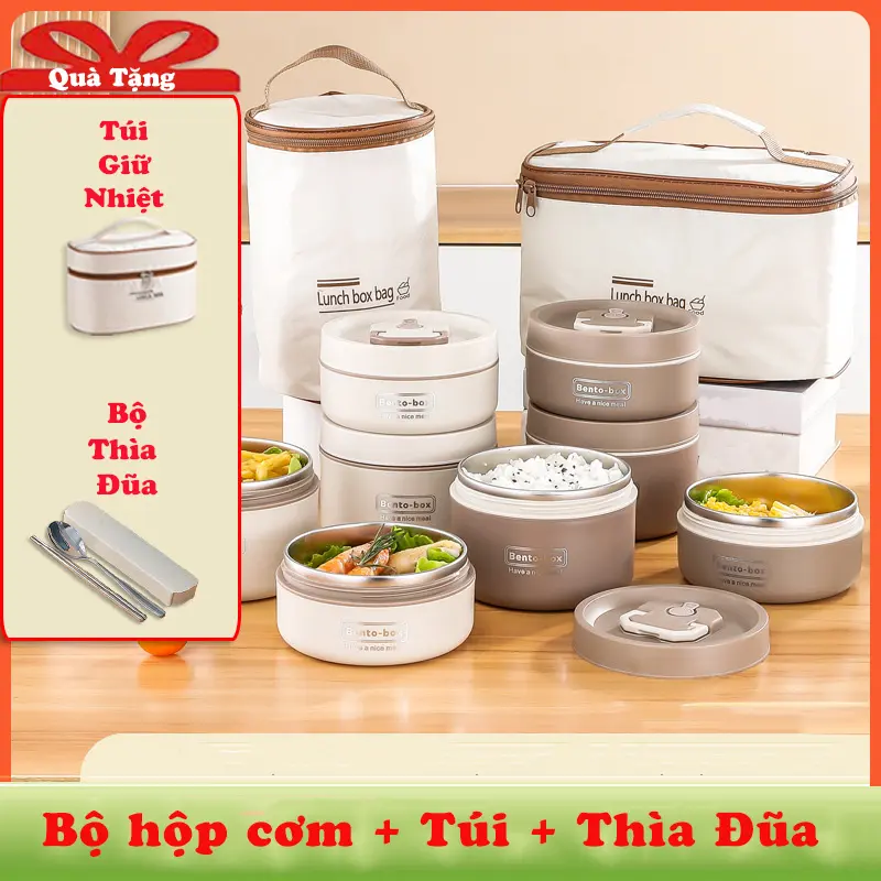 (Kèm Túi và Thìa Đũa) Bộ hộp đựng cơm giữ nhiệt Bento Box Cao cấp Inox 304 Hộp đựng cơm văn phòng