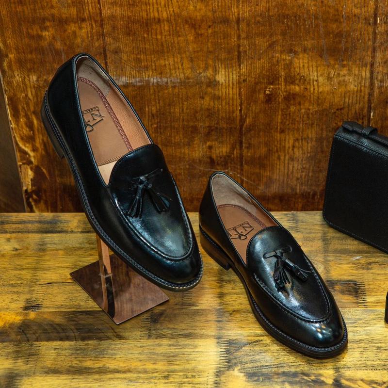 Giày Nam Tassel Loafer đen Da bò ý cao cấp đế gỗ phíp cao cấp