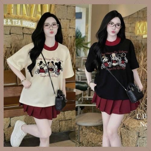   ĐỦ SIZE 38-70kg  Set Áo Phông Mickey Phối Chân Váy Xếp Ly 