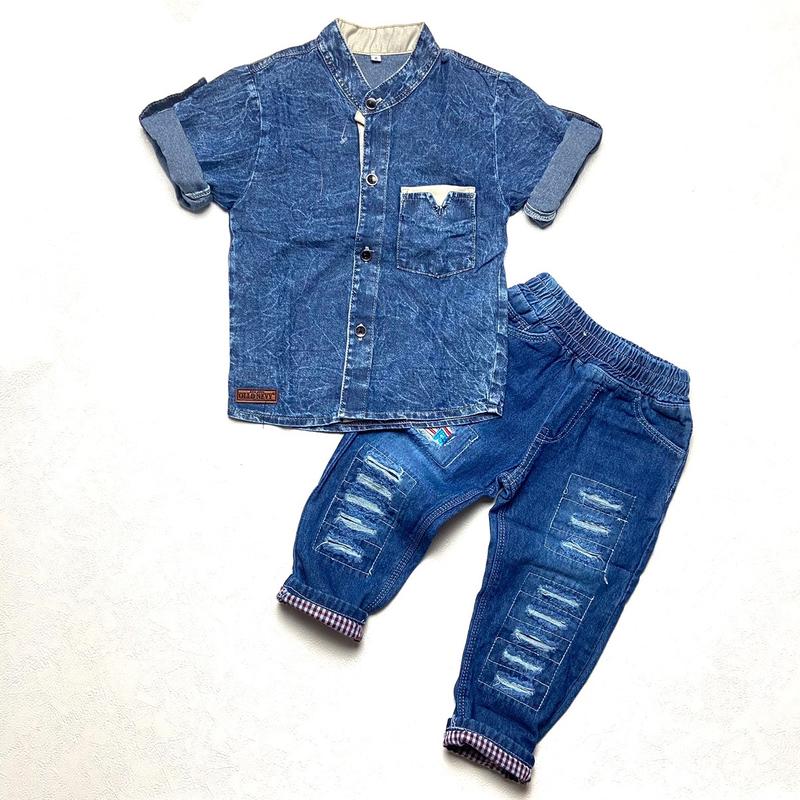 Setelan Jeans Kemeja Anak Laki Laki Usia 1-8 Tahun Lembut 1