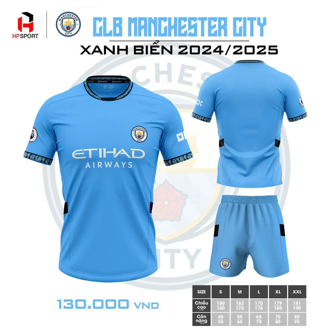 Bộ quần áo bóng đá Manchester City xanh biển 24/25- vải  thun lạnh HP, Logo thêu (in TÊN + SỐ theo yêu cầu)