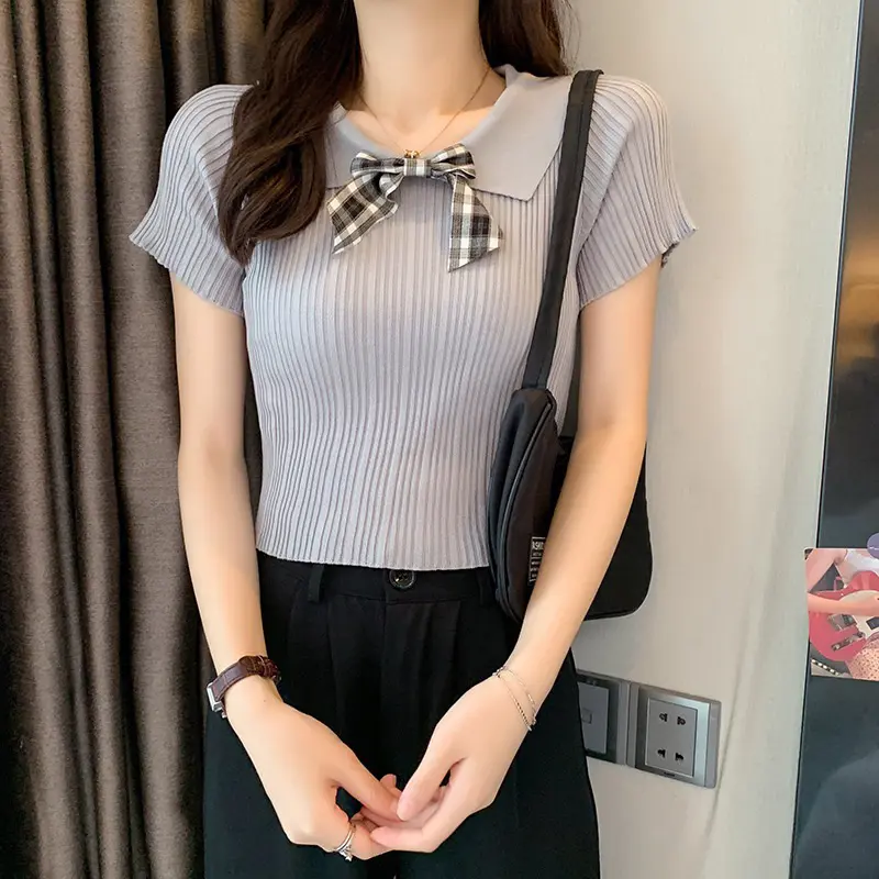 Atasan Crop Korean Style Lengan Pendek Wanita Rajut Premium (A.pita)/ Atasan lengan motif pita Baju Top 0