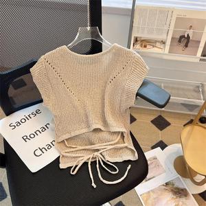 Summer Design Hollow Knit Top Back Tie Short Sleeve T-Shirt Round Neck Women's Outfit