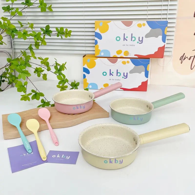 [Mẫu mới] Bộ Nồi Chảo CAO CẤP OKBY, nồi innox 14cm, chảo đá chống dính 16cm chế biến đồ ăn dặm cho bé 4