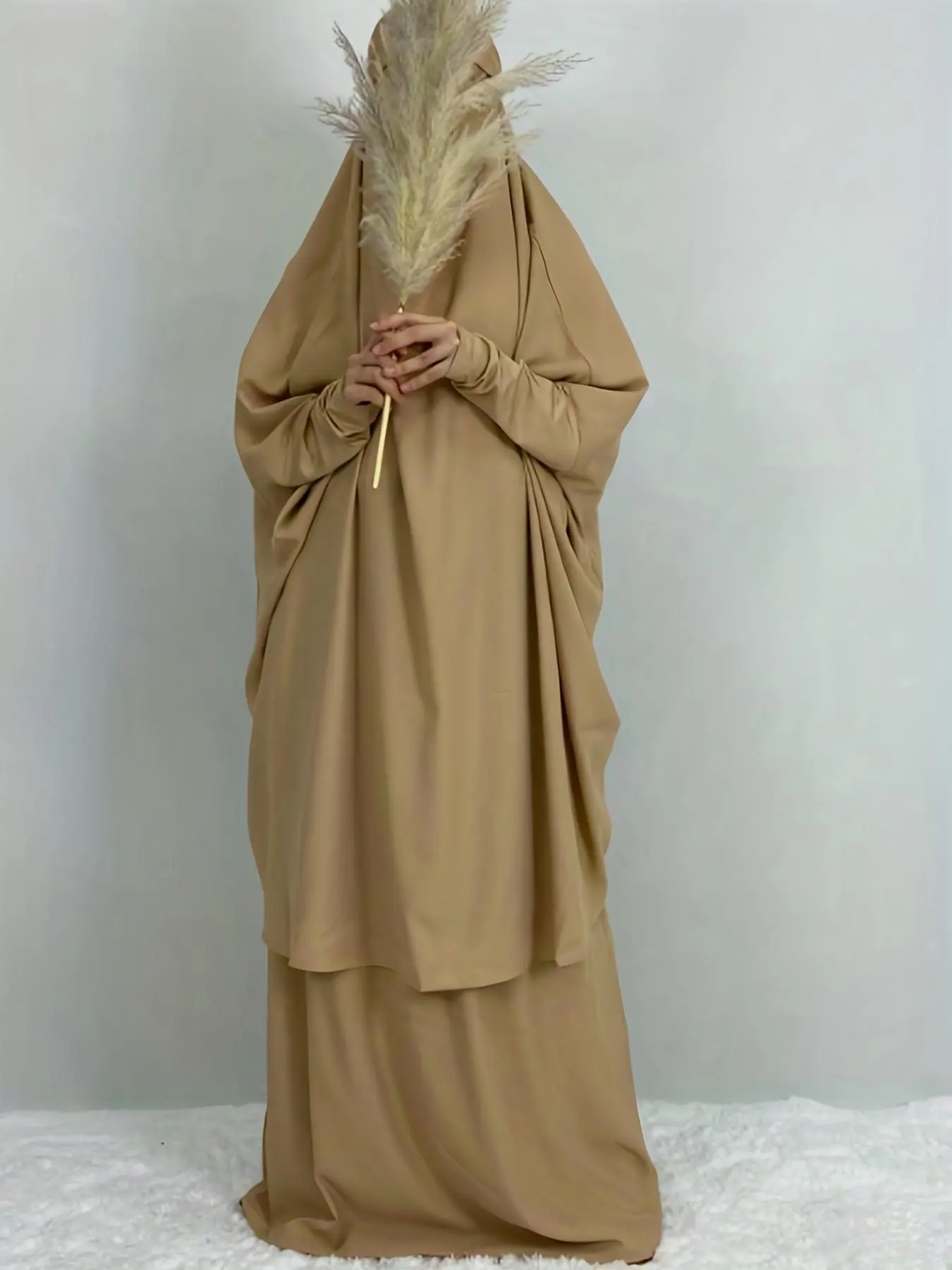 Women's Plain Knot Hooded Batwing Sleeve Abaya & Maxi Dress Set, Modest Two-piece Muslim Outfits for Daily Wear, Co-ords Set, Islamic Clothing for Spring & Fall, Modest Clothes