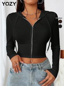 YOZY Zip Up Drawstring Hooded Crop Jacket/ Casual Solid Long Sleeve Zip Front Outerwear, Women's Daily Outdoor Wear for All Seasons