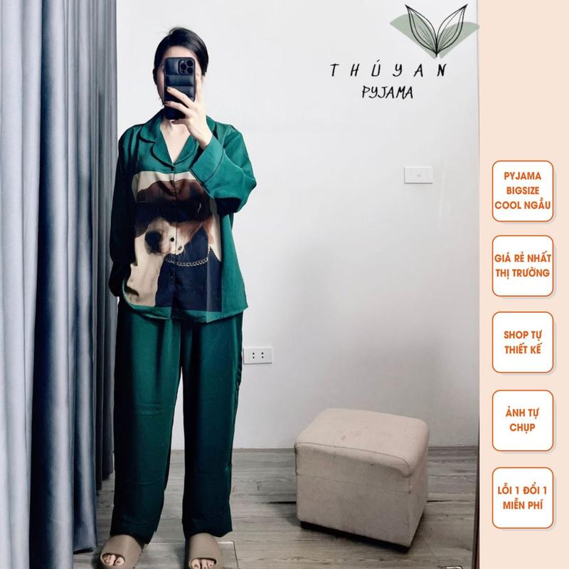 Bộ Pijama Bigsize hình cún xanh rêu tay dài mặc nhà dành cho nữ có size từ 40kg đến 90kg
